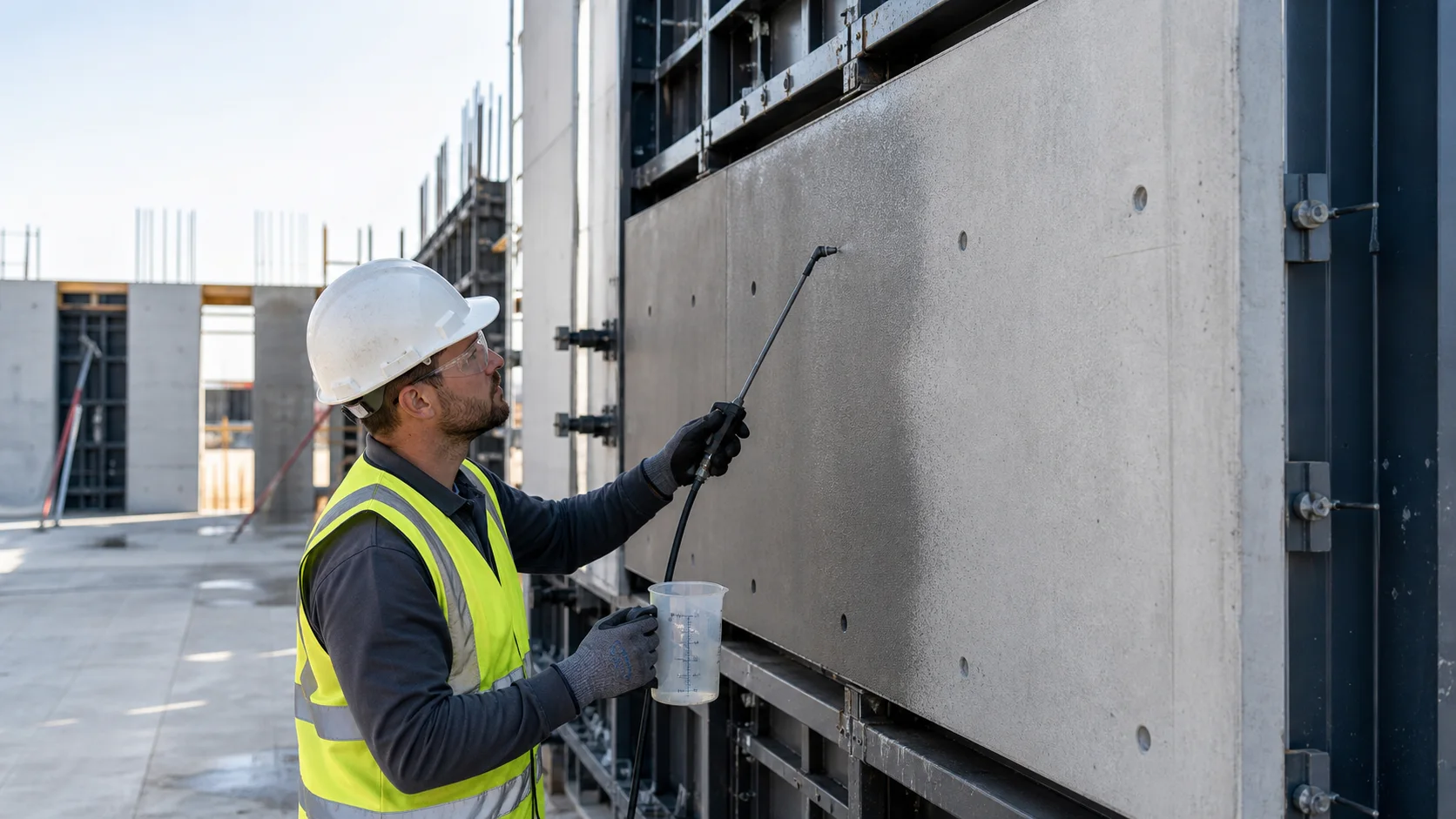 Worker checking release-agent coverage on concrete formwork